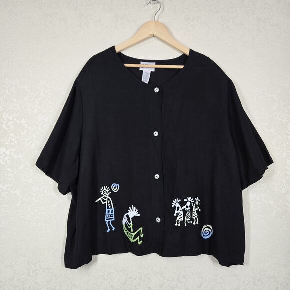 VTG More Jasmine by KVM Top 3X Black Button Front Art To Wear Tribal Lagenlook - Picture 11 of 11